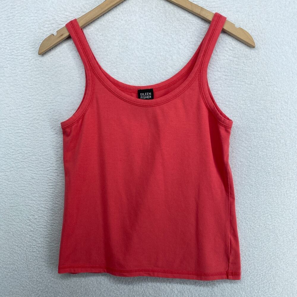 EILEEN FISHER Tank Top S Cotton Stretch Jersey Scoop Neck Coral Red USA